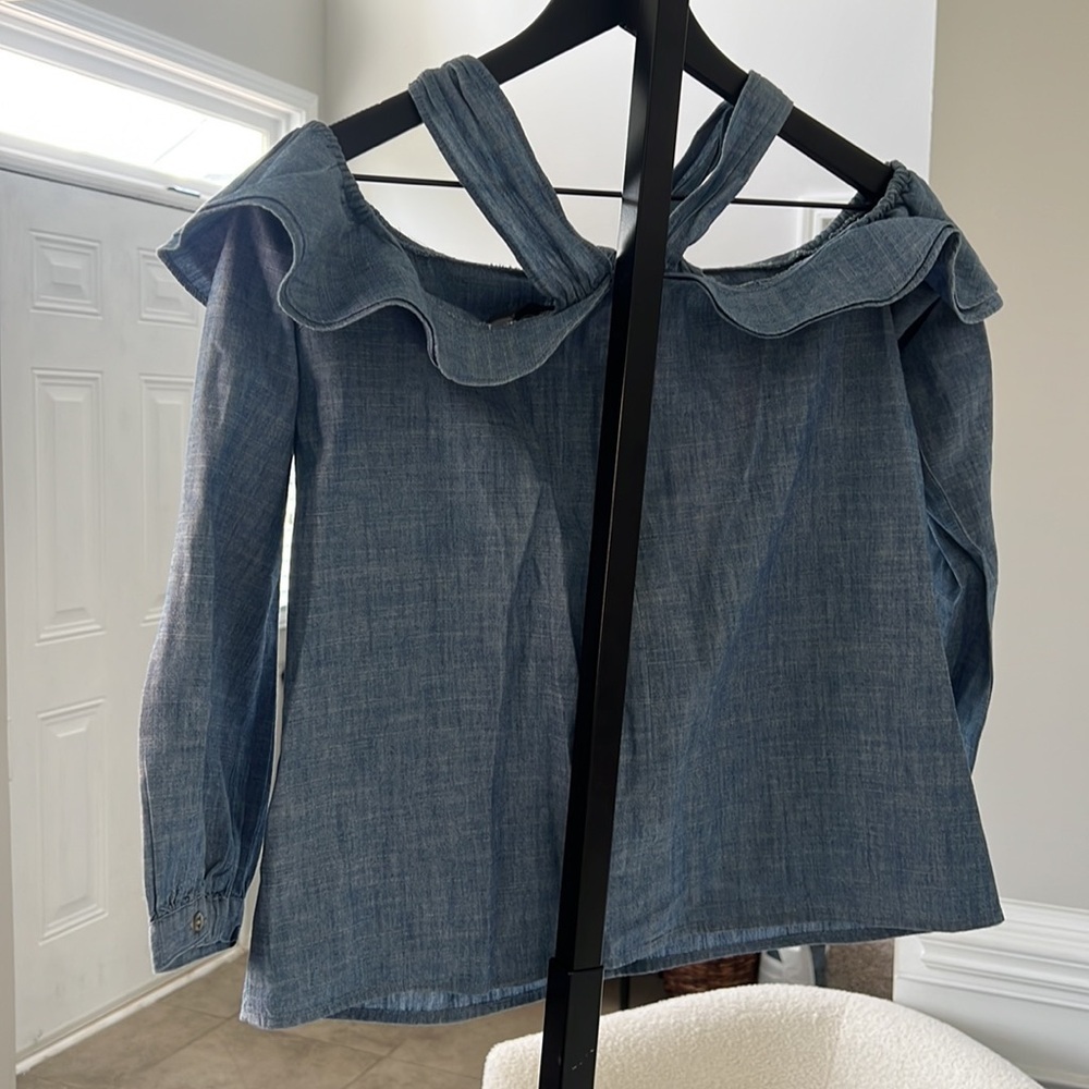 J Crew Off-the-shoulder tie-neck top in chambray - Picture 3 of 4